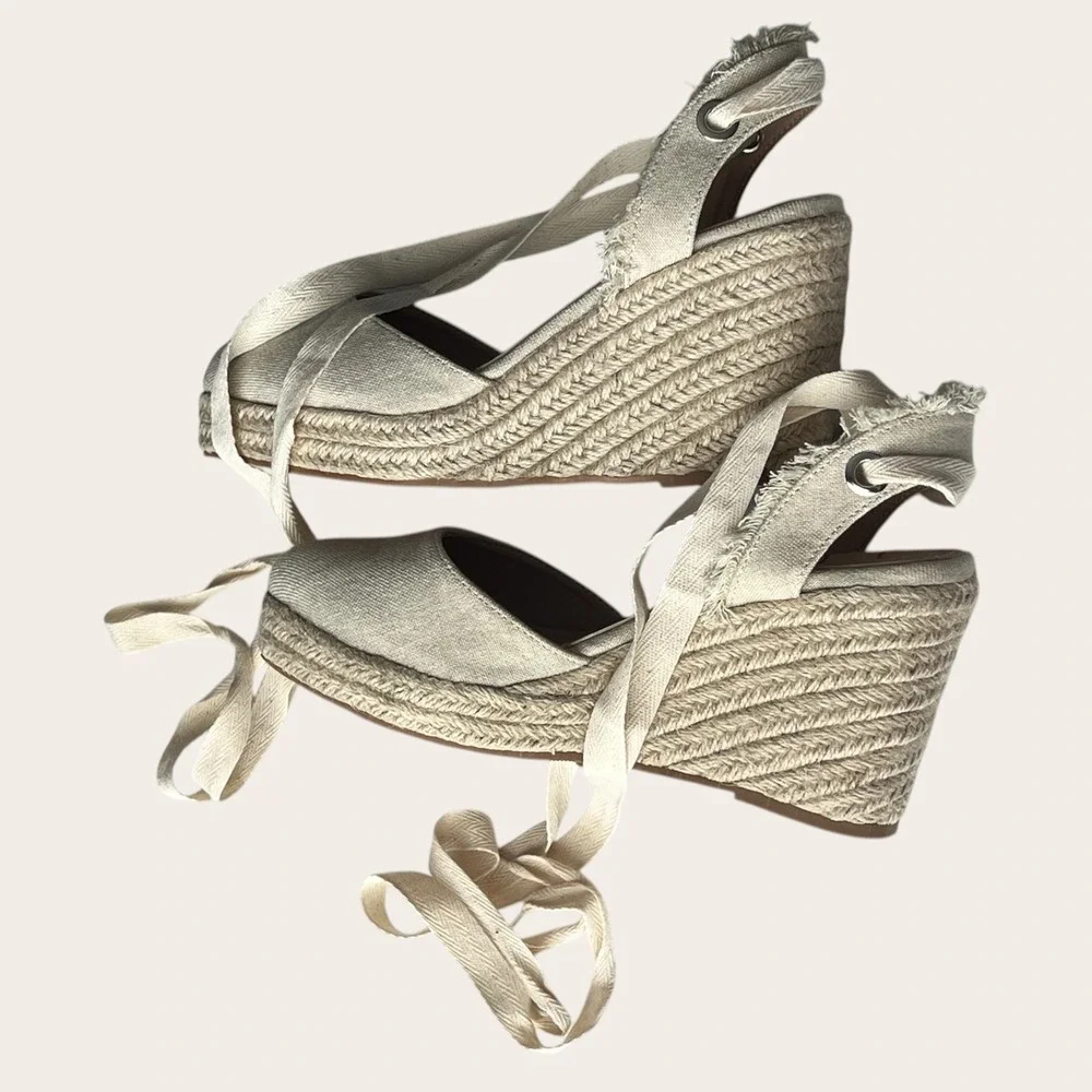 Lulus Elsinore Linen Lace-Up Espadrille Wedges Beige Closed‎ Toe 7.5 NWOT
